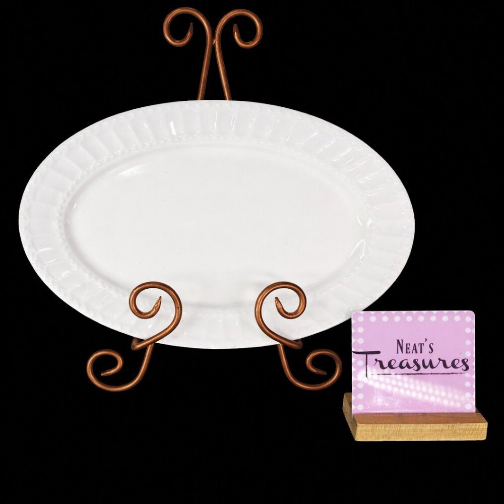 Gibson REGALIA White Embossed Dots & Lines Ceramic Oven Safe 12" Oval Platter